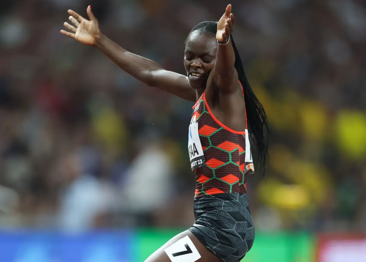 Mary Moraa of Kenya dances after winning the women's 800m final at the world athletics championships