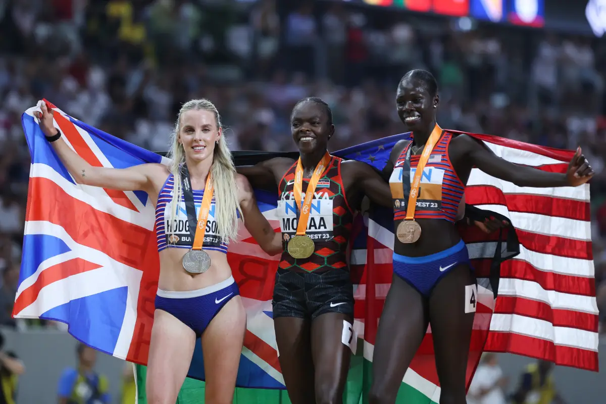 keely hodgkinson mary moraa and athing mu after the world championship women's 800m final