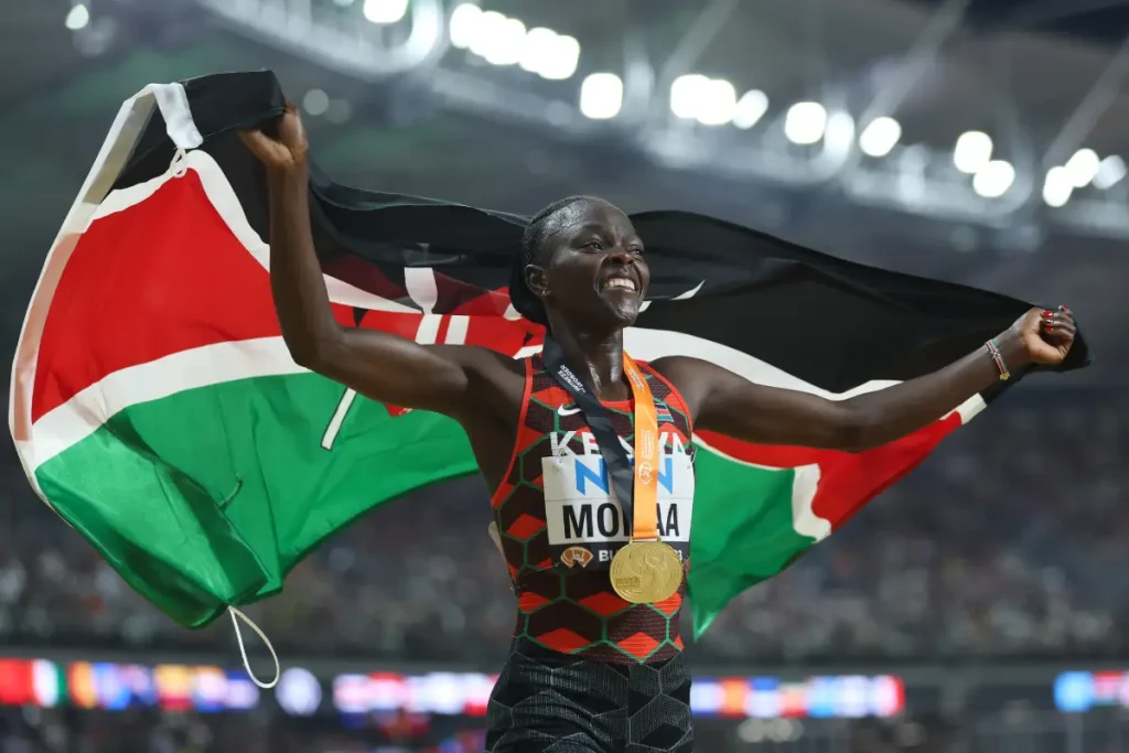 mary moraa celebrates gold in the world championship women's 800m final