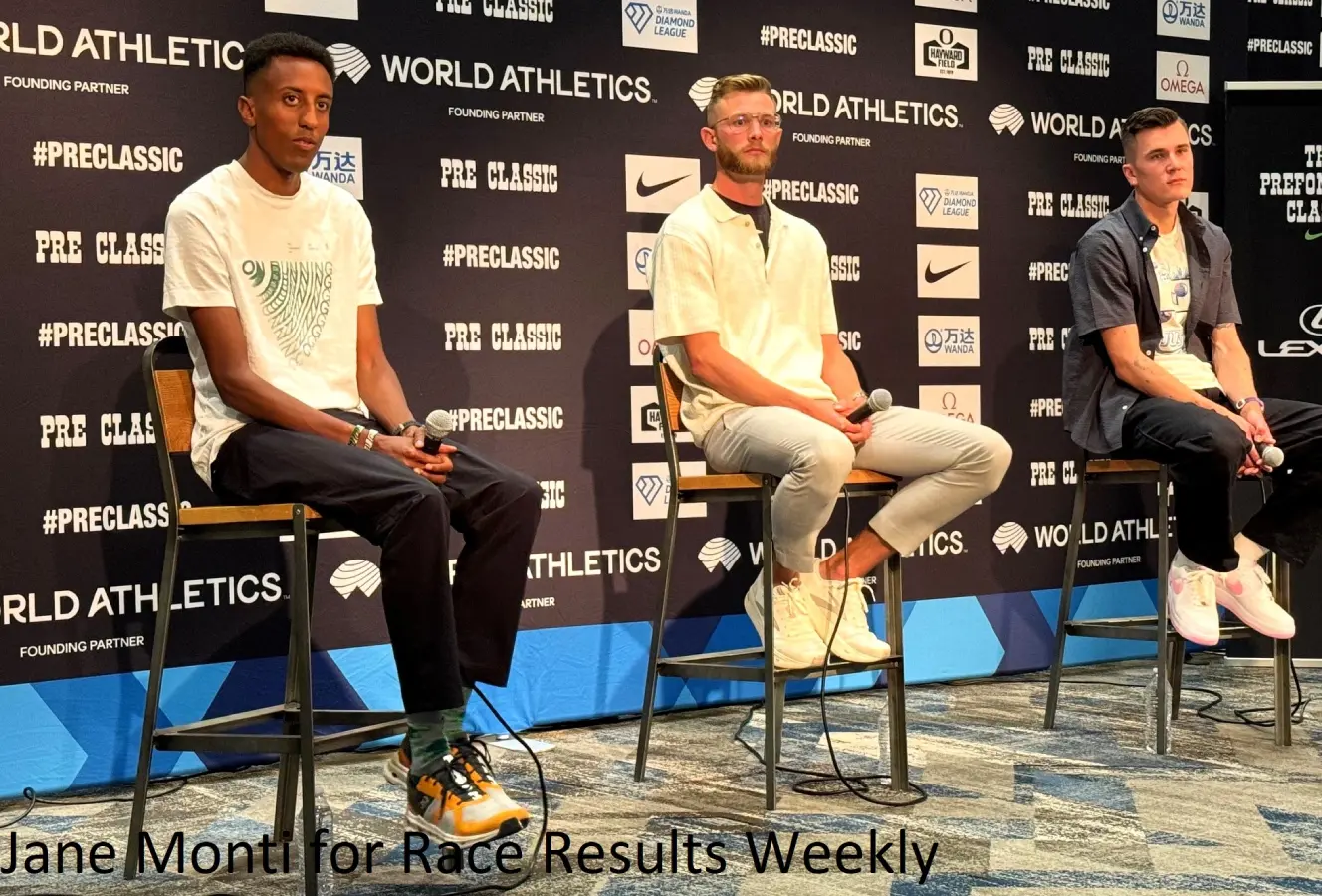 Yared Nuguse, Josh Kerr and Jakob Ingebrigtsen at a press conference in advance of the Prefontaine Classic 2024