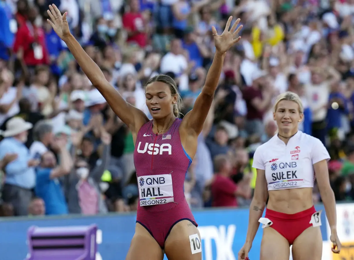 Anna Hall of USA in the women's heptathlon at Oregon22