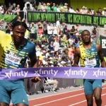 Kishane Thompson runs in the 100m at the Pre-Classic 2023