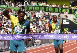 Kishane Thompson runs in the 100m at the Pre-Classic 2023