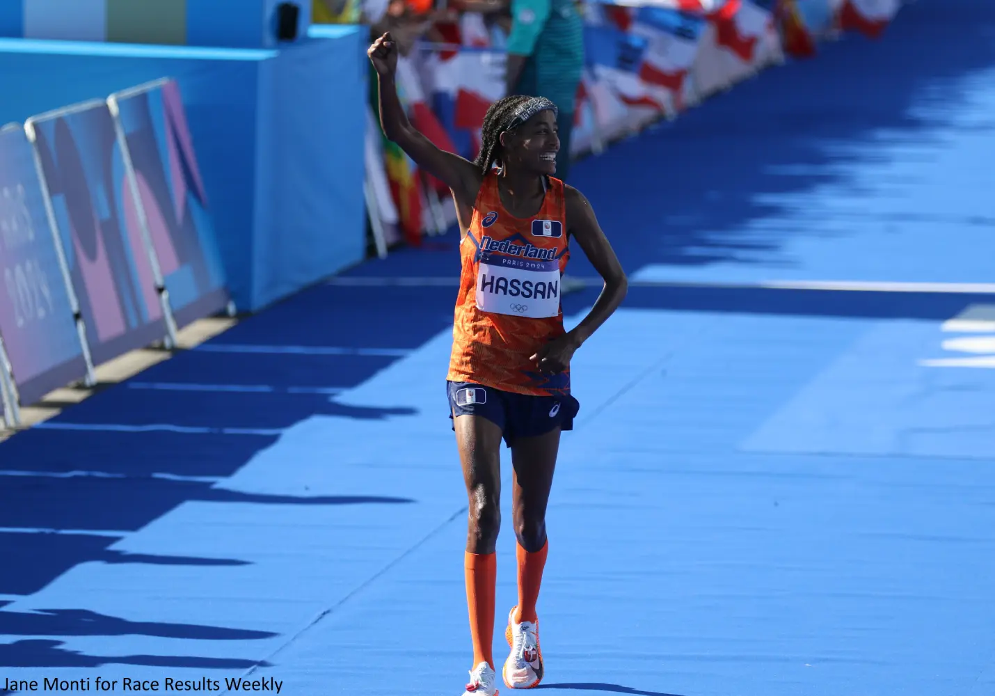 Sifan Hassan of the Netherlands celebrates winning the 2024 Women's Olympic Marathon