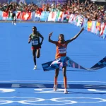 Sifan Hassan of the Netherlands winning the 2024 Women's Olympic Marathon