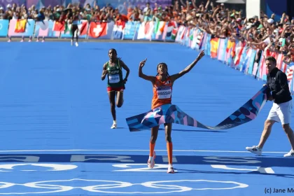 Sifan Hassan of the Netherlands winning the 2024 Women's Olympic Marathon