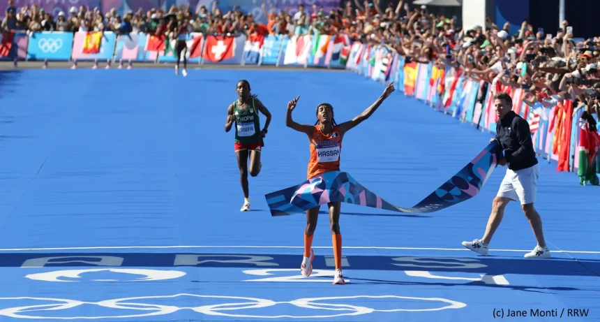 Sifan Hassan of the Netherlands winning the 2024 Women's Olympic Marathon