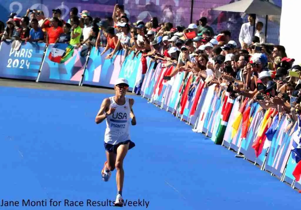 Conner Mantz of the United States placing eighth at the 2024 Men's Olympic Marathon in Paris in 2:08:12