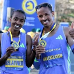 Fentaye Belayneh & Yemane Haileselassie win the at Boston Half Marathon 2024.