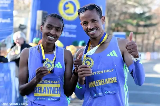 Fentaye Belayneh & Yemane Haileselassie win the at Boston Half Marathon 2024.