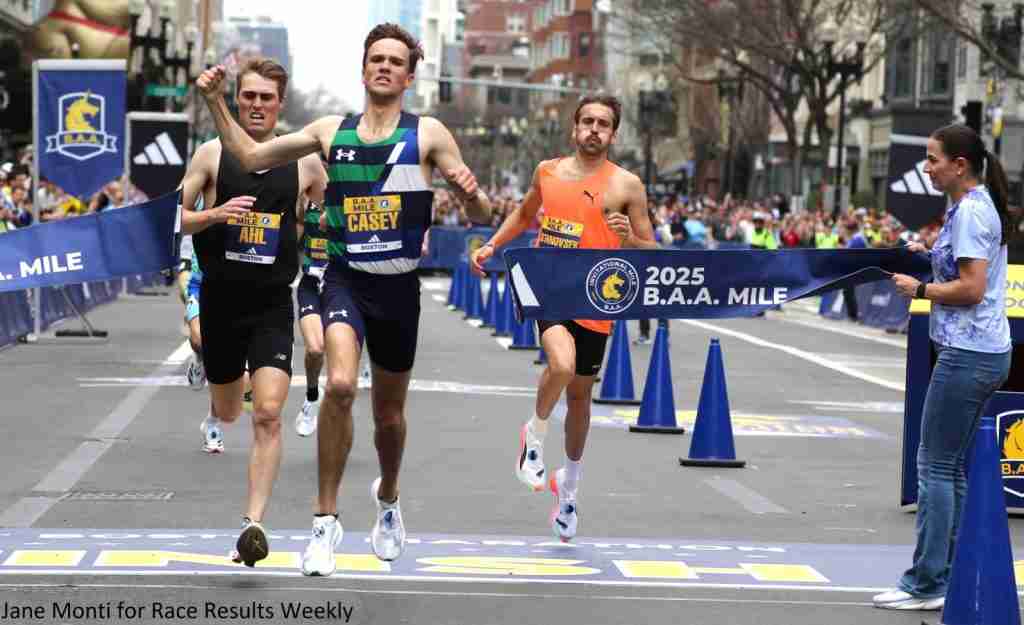 Casey Comber winning the B.A.A. Invitational Mile 2025