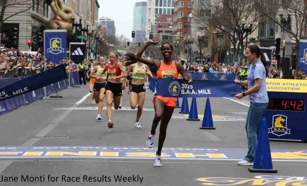Dorcus Ewoi winning the B.A.A. Invitational Mile 2025