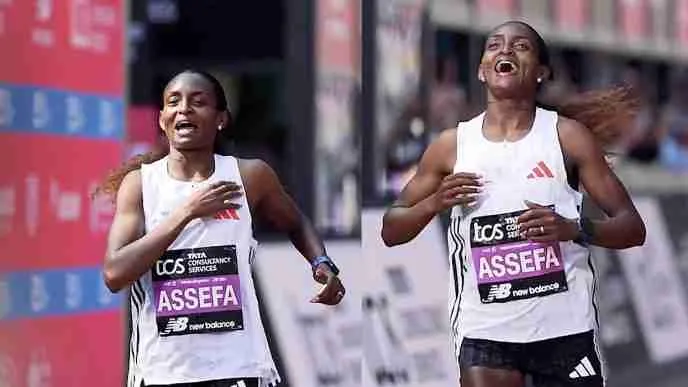 Tigist Assefa celebrates winning at the London Marathon 2025