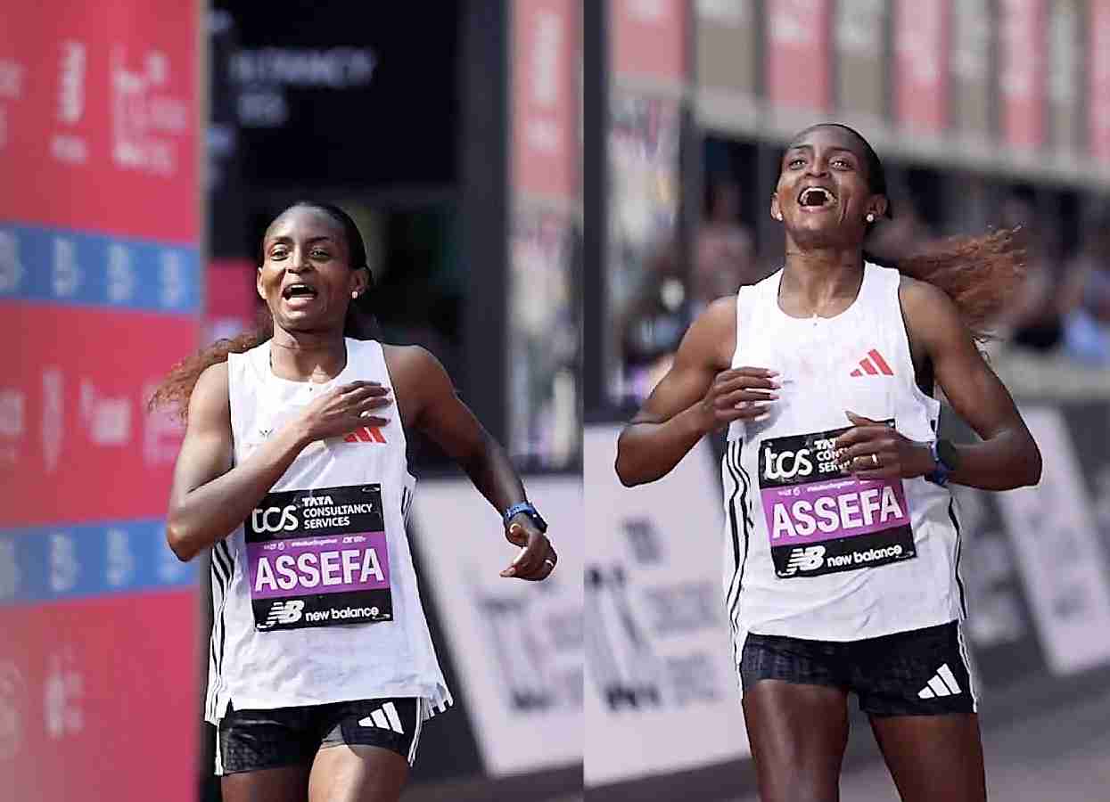 Tigist Assefa celebrates winning at the London Marathon 2025