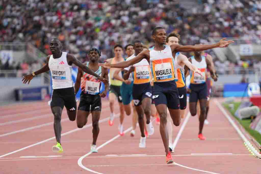Botswana Tshepiso Masalela celebrates winning the 800m at Rabat Diamond League Meet