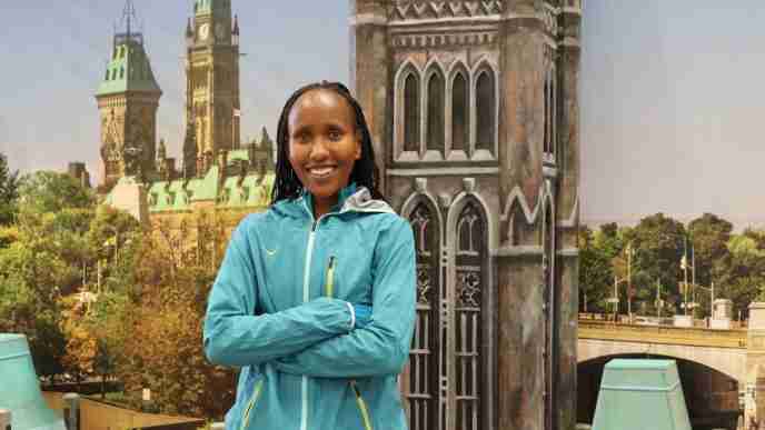 Mercy Chelangat of Hoka NAZ Elite at the pre-race press conference for the Tartan Ottawa International Marathon 2025