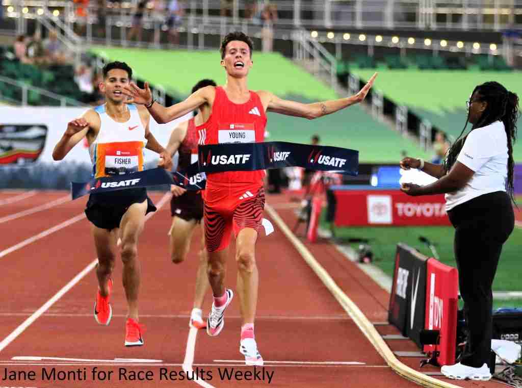 Nico Young winning the 10,000m at the 2025 Toyota USATF Outdoor Track & Field Championships