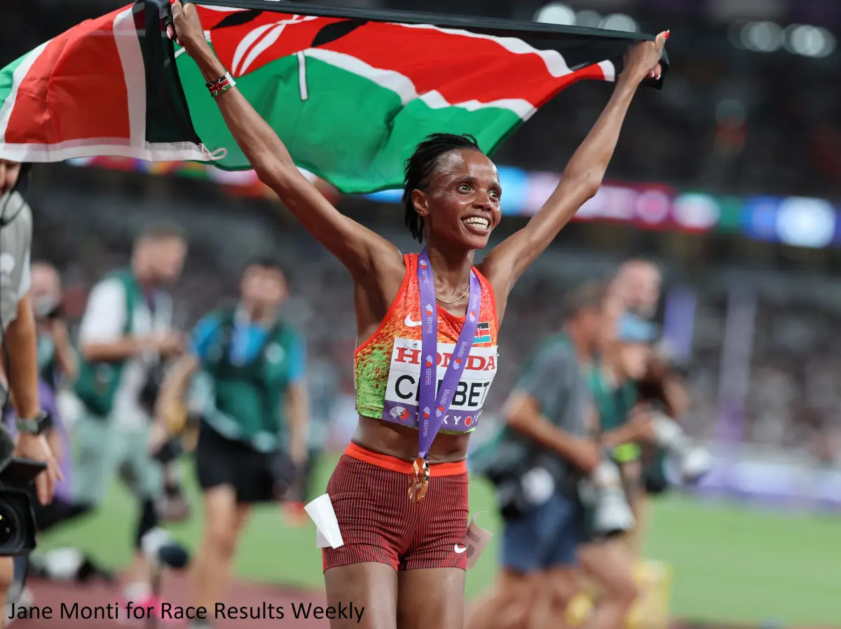 Beatrice Chebet celebrating her victory in the 10,000m at the 2025 World Athletics Championships Tokyo 25