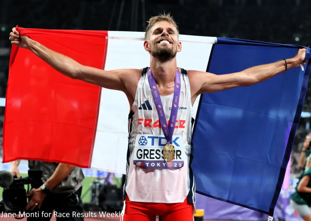 Jimmy Gressier celebrates his 10,000m victory at the 2025 World Athletics Championships