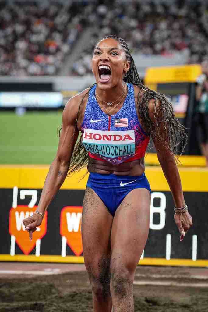 Tara Davis-Woodhall reacts after a big jump in the women's long jump at Tokyo 25.