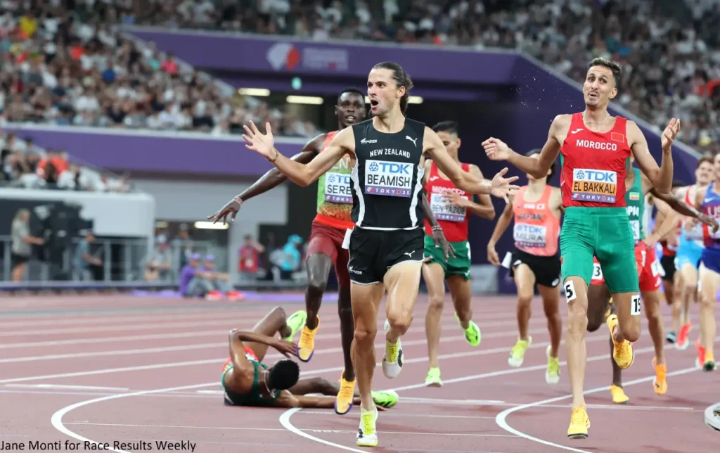 Geordie Beamish of New Zealand winning the world steeplechase title in Tokyo
