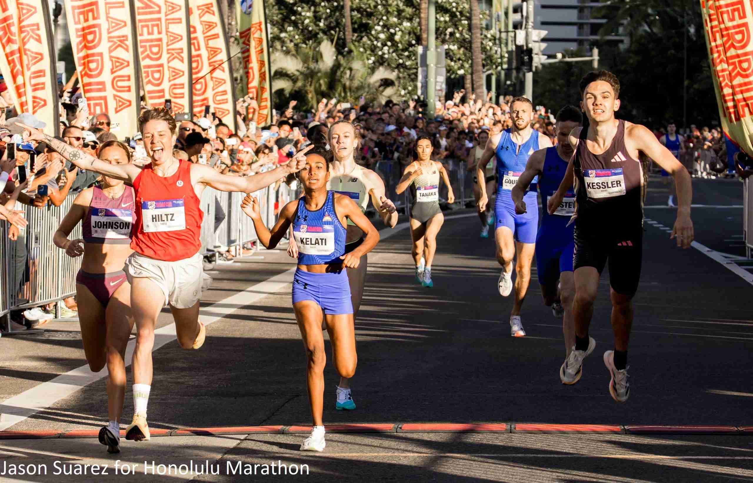 Nikki Hiltz winning the 2024 Kalakaua Merrie Mile over Weini Kelati