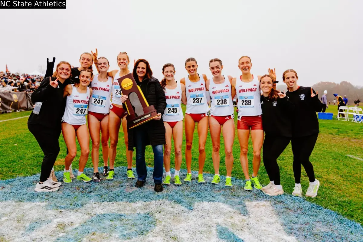 NC State women celebrate after winning the 2025 NCAA cross country 2025.