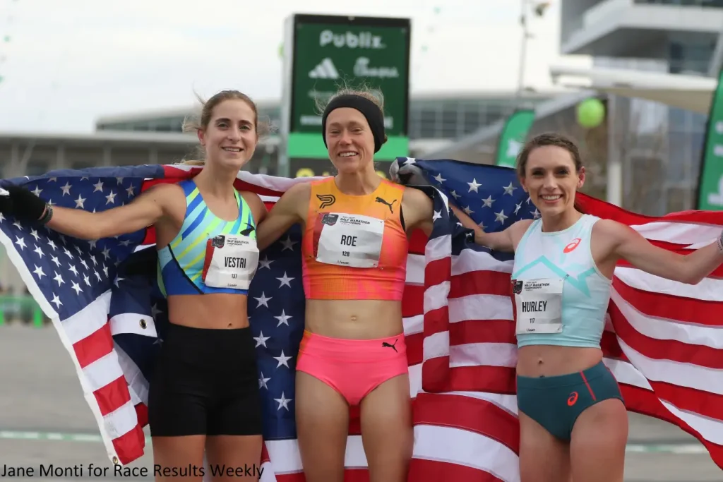 Amanda Vestri (third), Taylor Roe (first) and Emma Grace Hurley (second) were the podium finishers at the 2025 USATF Half-Marathon Championships in Atlanta