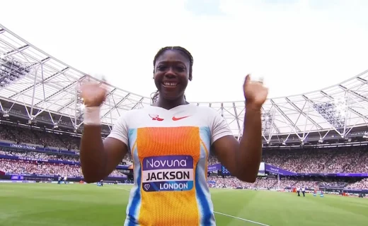 Cierra Jackson of USA reacts to winning at London Diamond League