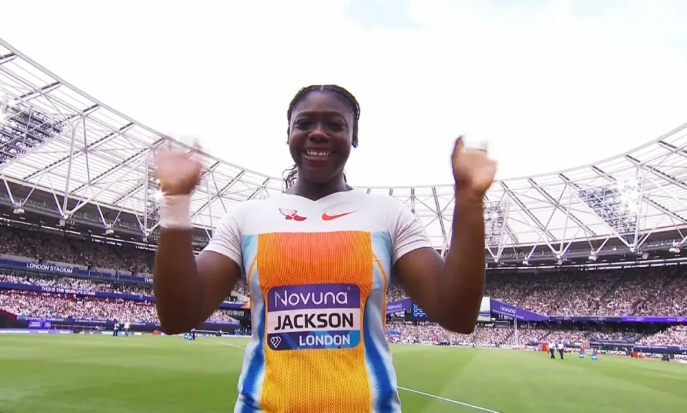 Cierra Jackson of USA reacts to winning at London Diamond League