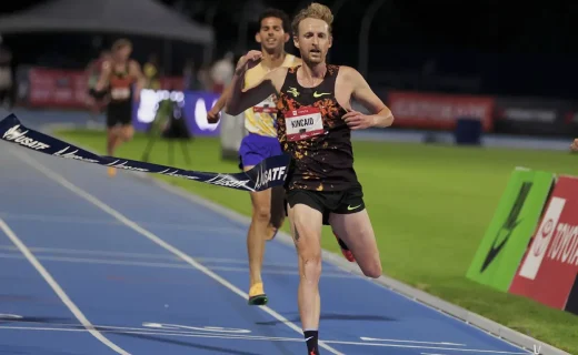 Woody Kincaid winning the 2026 USATF 10,000m title over Grant Fisher.