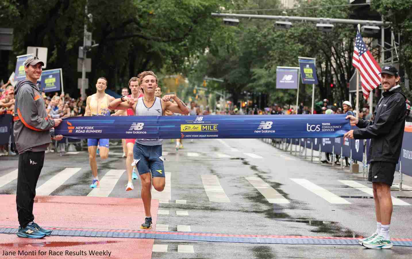 Marco Langon of the United States winning the 2026 New Balance Fifth Avenue Mile in 3:45.0.