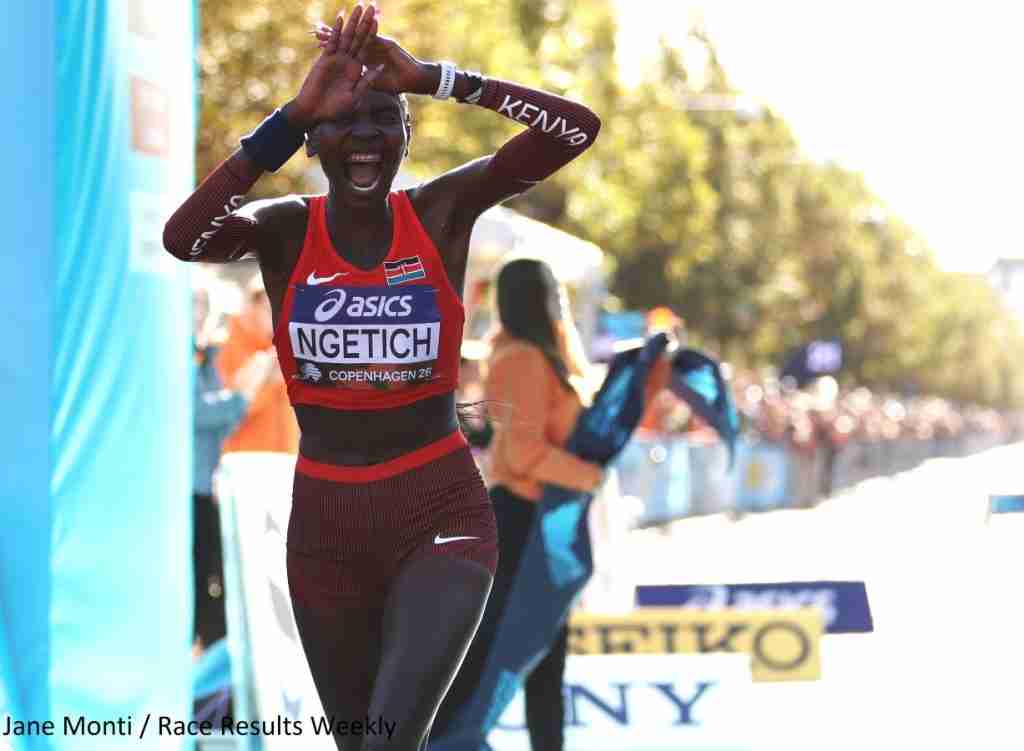 Agnes Ngetich of Kenya just after winning the 2026 world-half-marathon championships in a women-only world record of 1:05:15.
