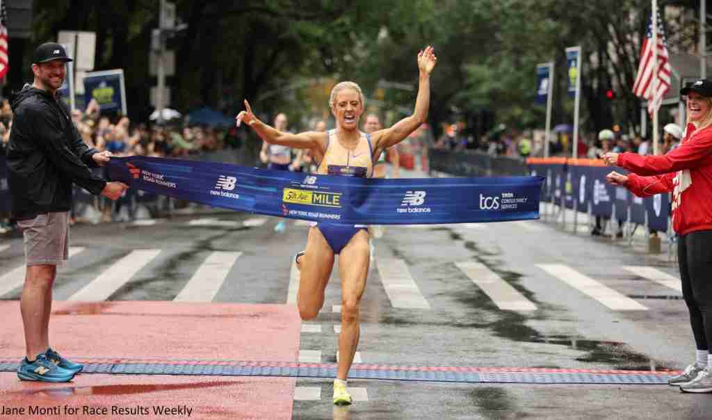 Jemma Reekie of Scotland winning the 2026 New Balance Fifth Avenue Mile in a course record 4:13.8.