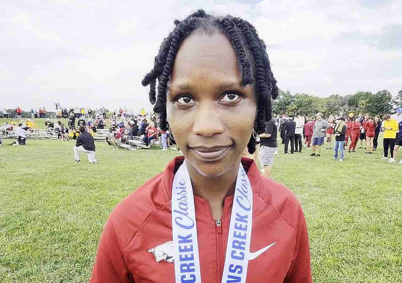 Isca Chelangat of the Arkansas Razorback after a win